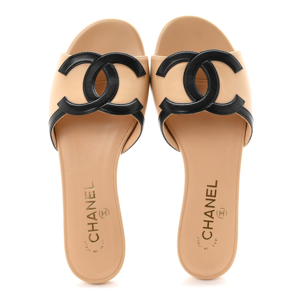 Lambskin CC Cutout Sandal Mules 37.5 Beige Black