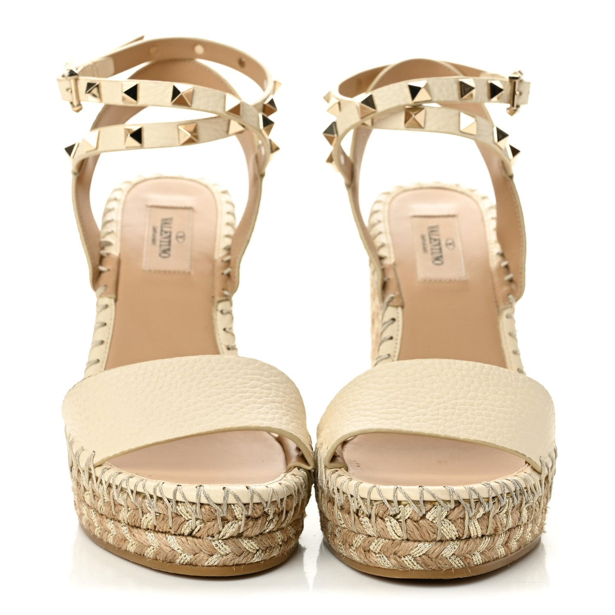 Grained Calfskin Rockstud Ankle Strap Espadrille 15/105mm Wedge Sandals 36 Light Ivory Natural