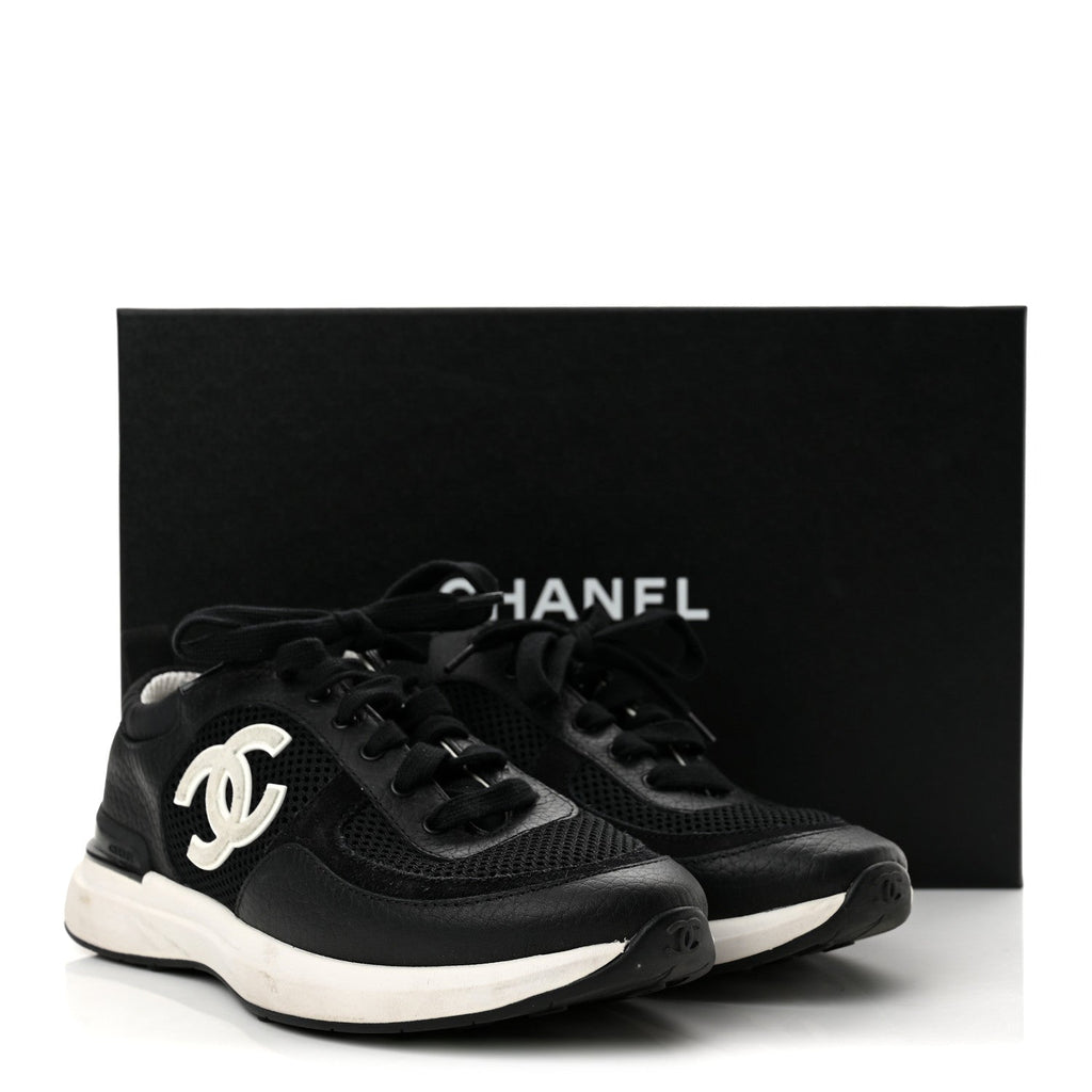 Calfskin Mesh Lycra Suede Womens Logo Sneakers 37.5 Black
