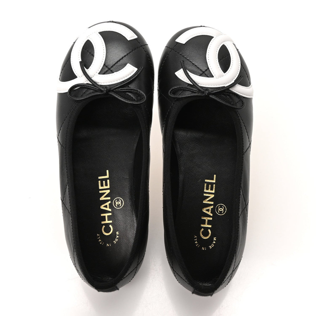 Lambskin Quilted CC Cambon Ballet Flats 35 Black White