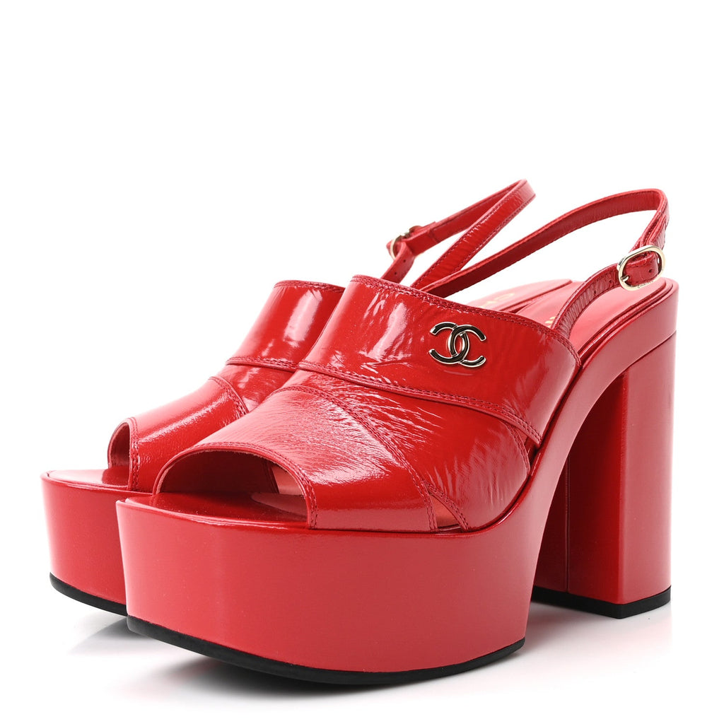 Crumpled Patent Lambskin Platform Sandals 39.5 Red