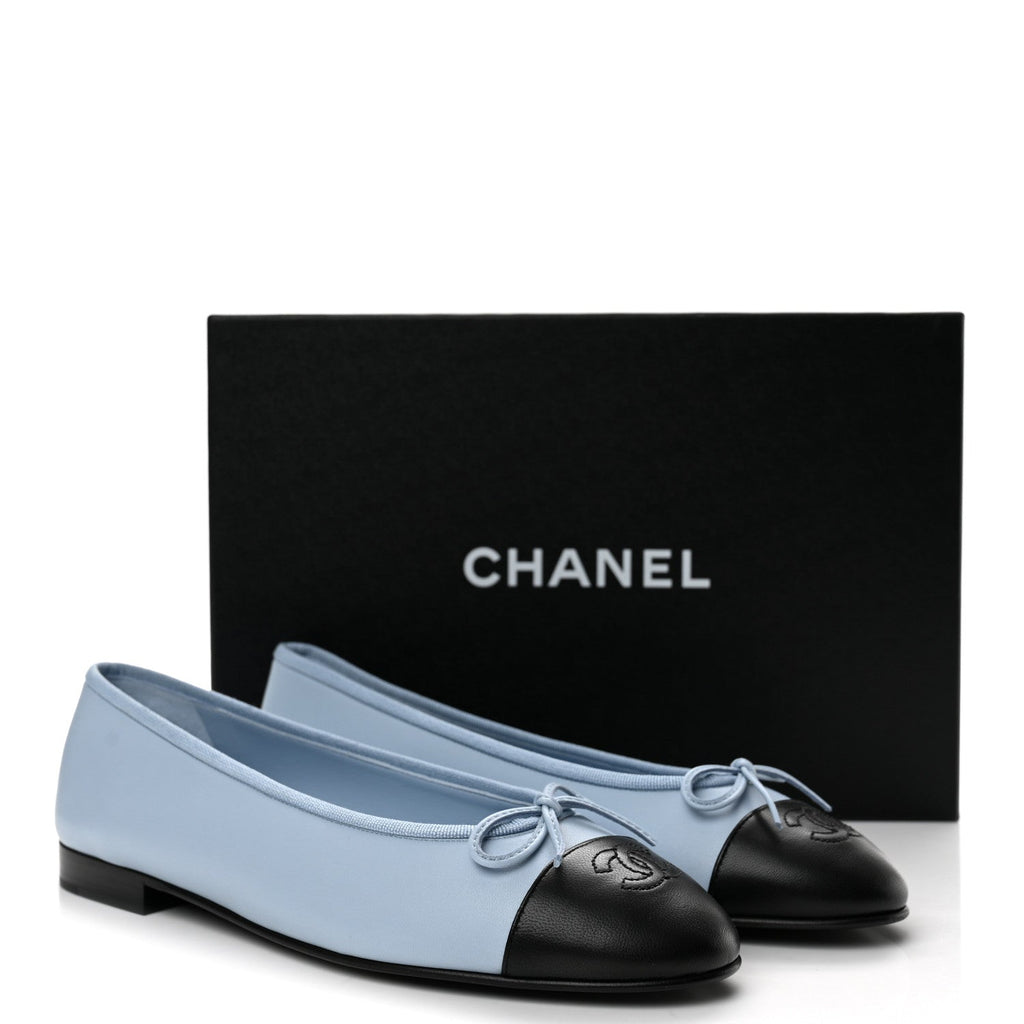Lambskin Cap Toe CC Ballerina Flats 39.5 Light Blue Black