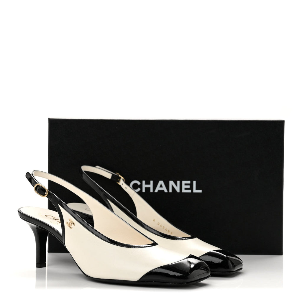 Lambskin Patent Calfskin Cap Toe CC Slingback Pumps 38.5 White Black