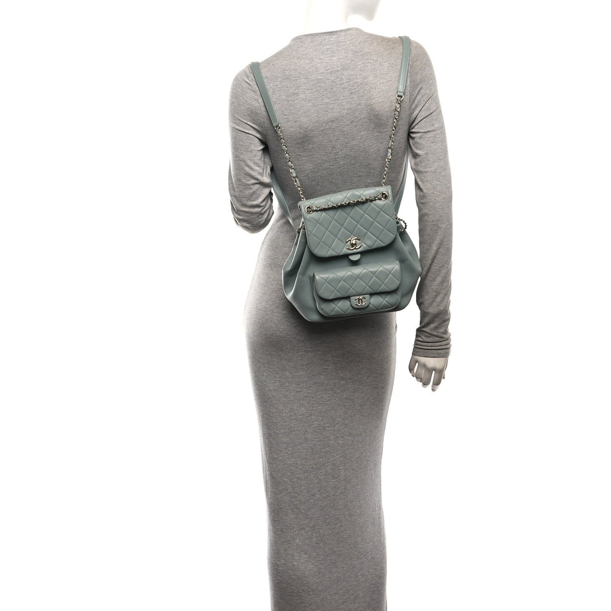 Lambskin Quilted Large Duma Drawstring Backpack Grey