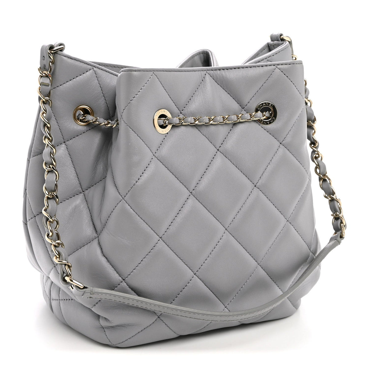 Lambskin Quilted CC Dweller Drawstring Bucket Bag Light Grey