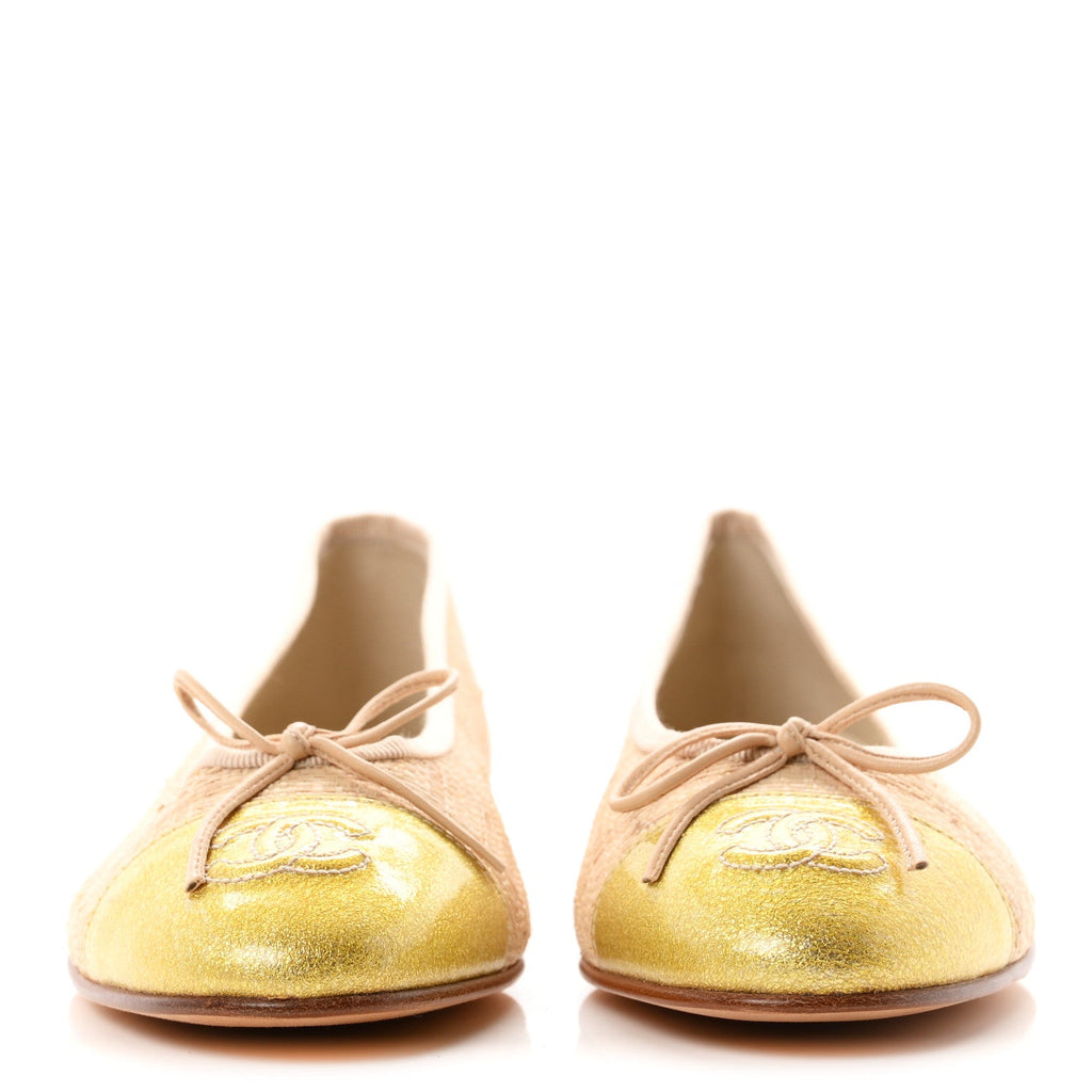 Raffia Patent Glitter Cap Toe Ballerina Flats 38 Gold Beige