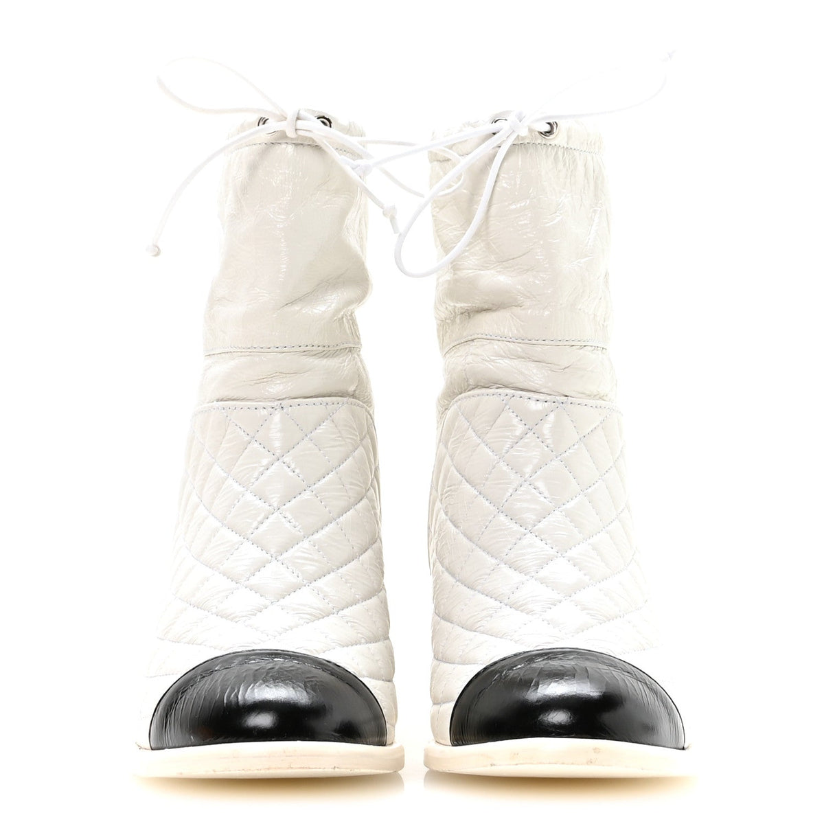 Distressed Patent Quilted Cap Toe Short Boots 38.5 White Black
