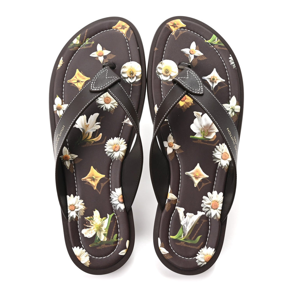 Supple Calfskin Blooming Monogram Mens LV Sunset Thong Sandals 8 Marron