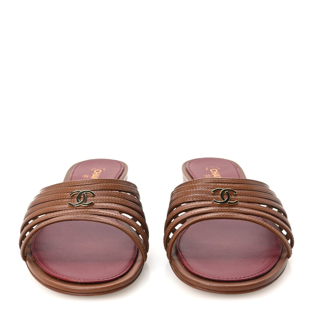Goatskin Caged CC Slide Sandals 37.5 Light Brown