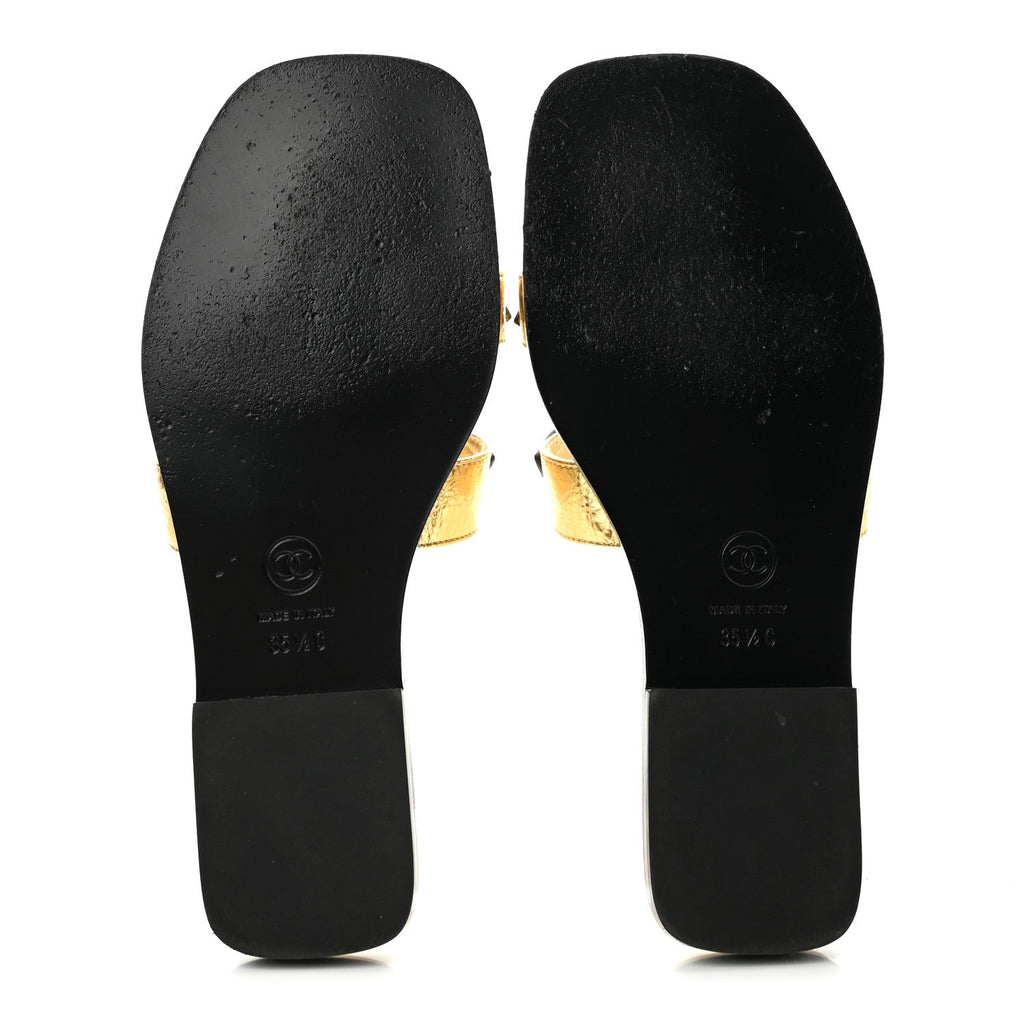 Crackled Laminated Calfskin CC Cut Out Mules Sandals 35.5 Gold