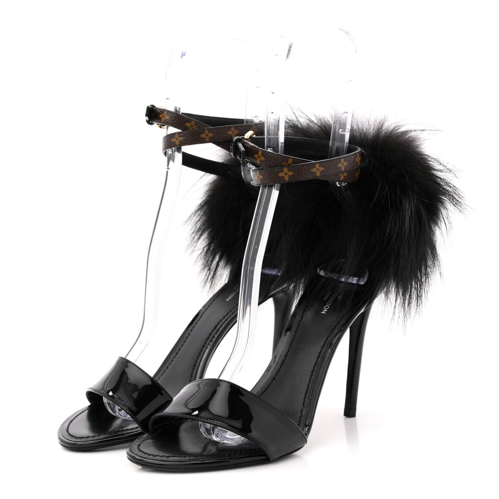 Monogram Patent Fur Sandals 38 Black