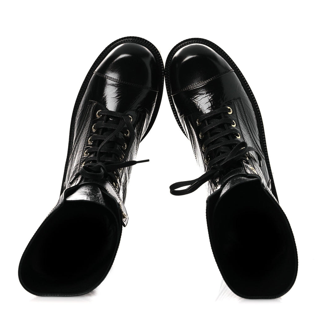 Shiny Calfskin Lace Up Combat Boots 38.5 Black