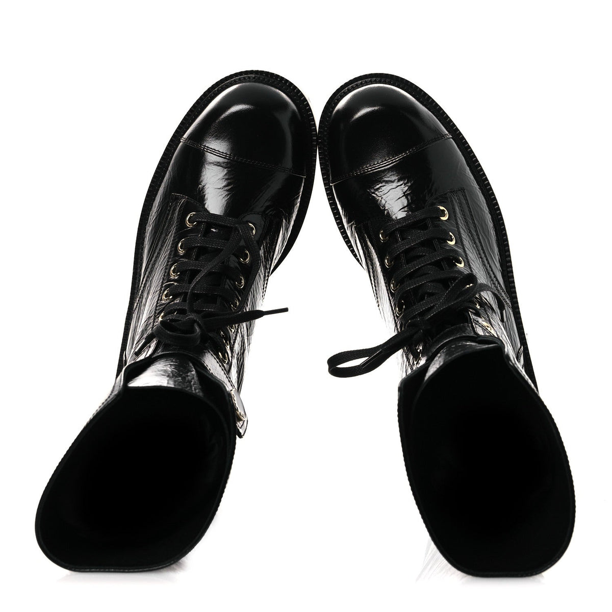 Shiny Calfskin Lace Up Combat Boots 38.5 Black