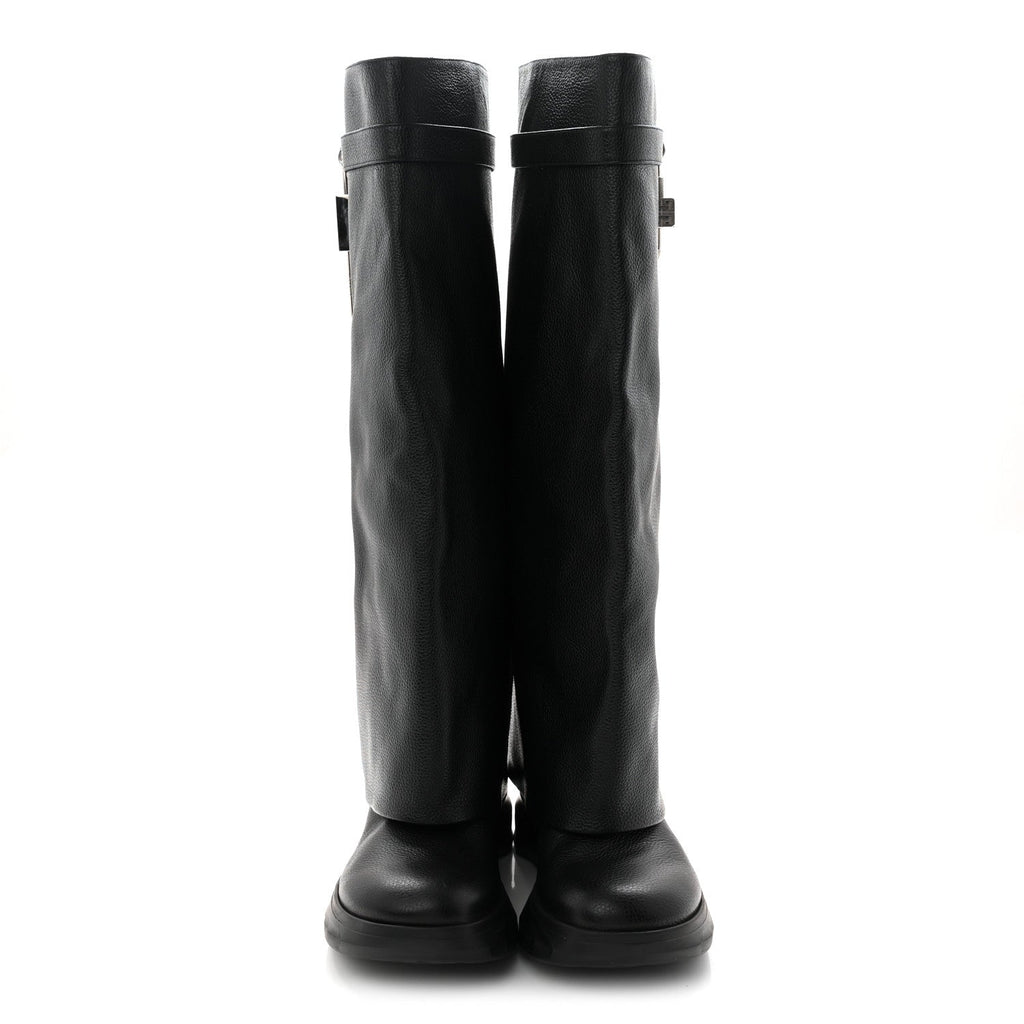 Grained Calfskin Shark Lock Biker Knee Boots 40 Black