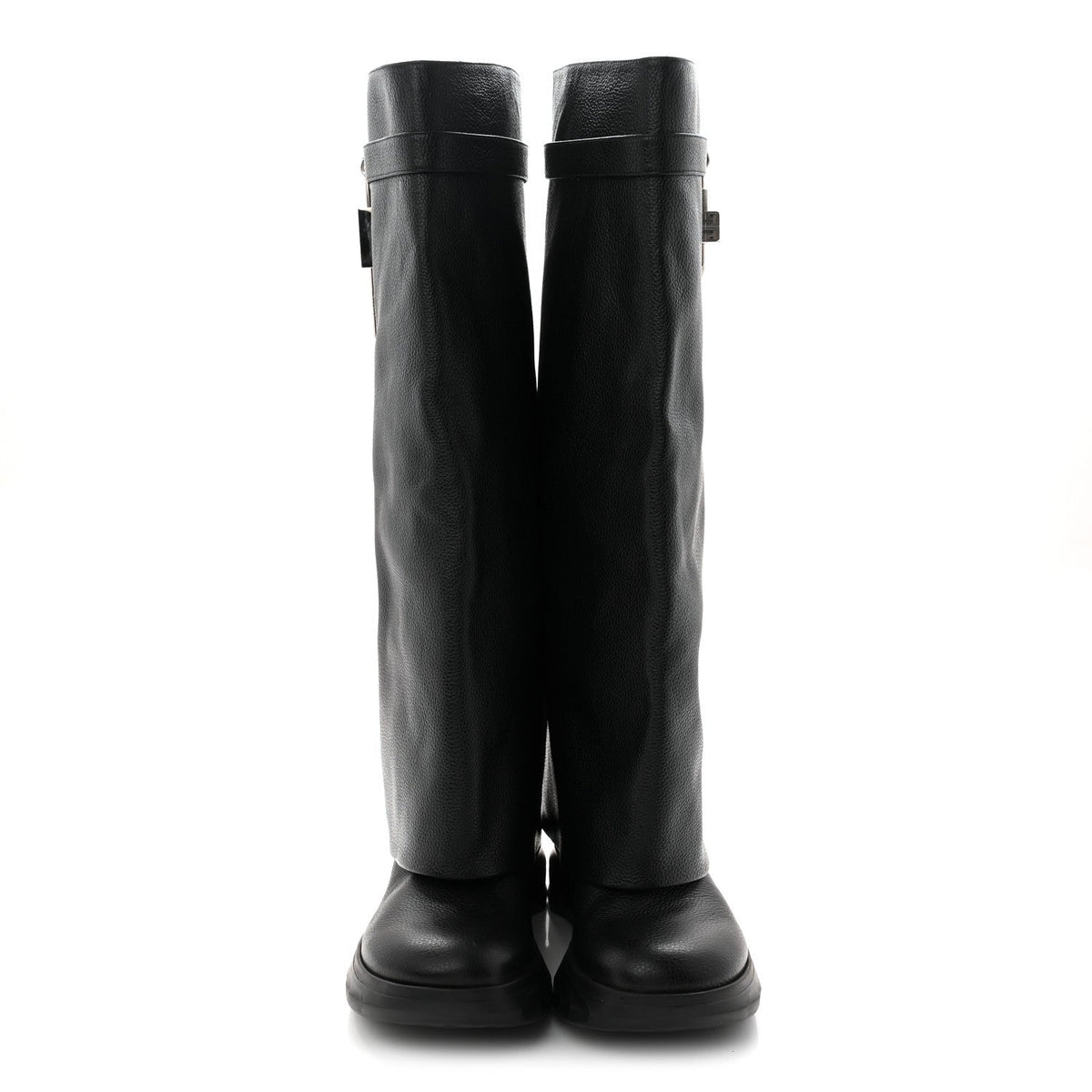 Grained Calfskin Shark Lock Biker Knee Boots 40 Black