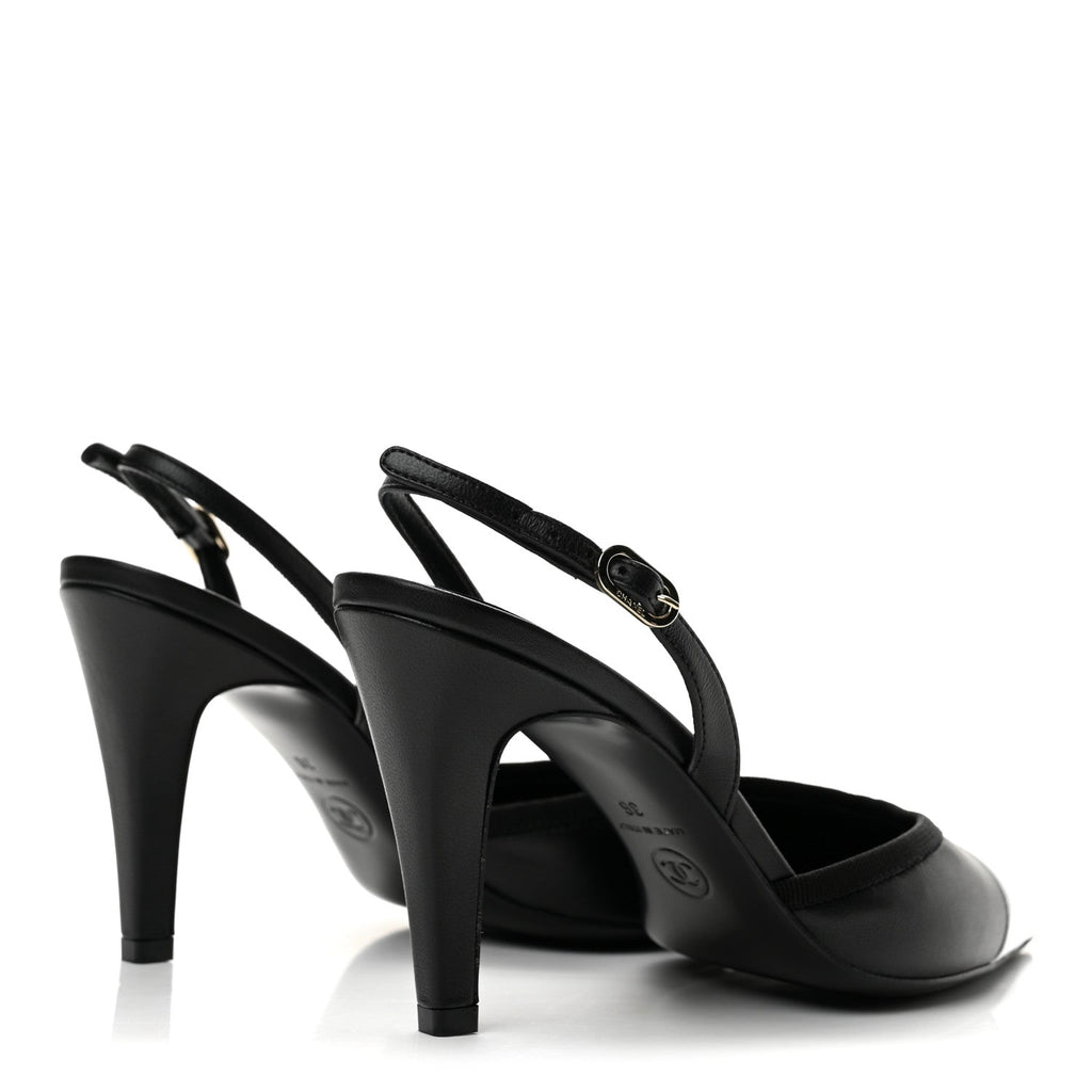 Lambskin Pointed Cap Toe CC Slingback Pumps 36 Black White