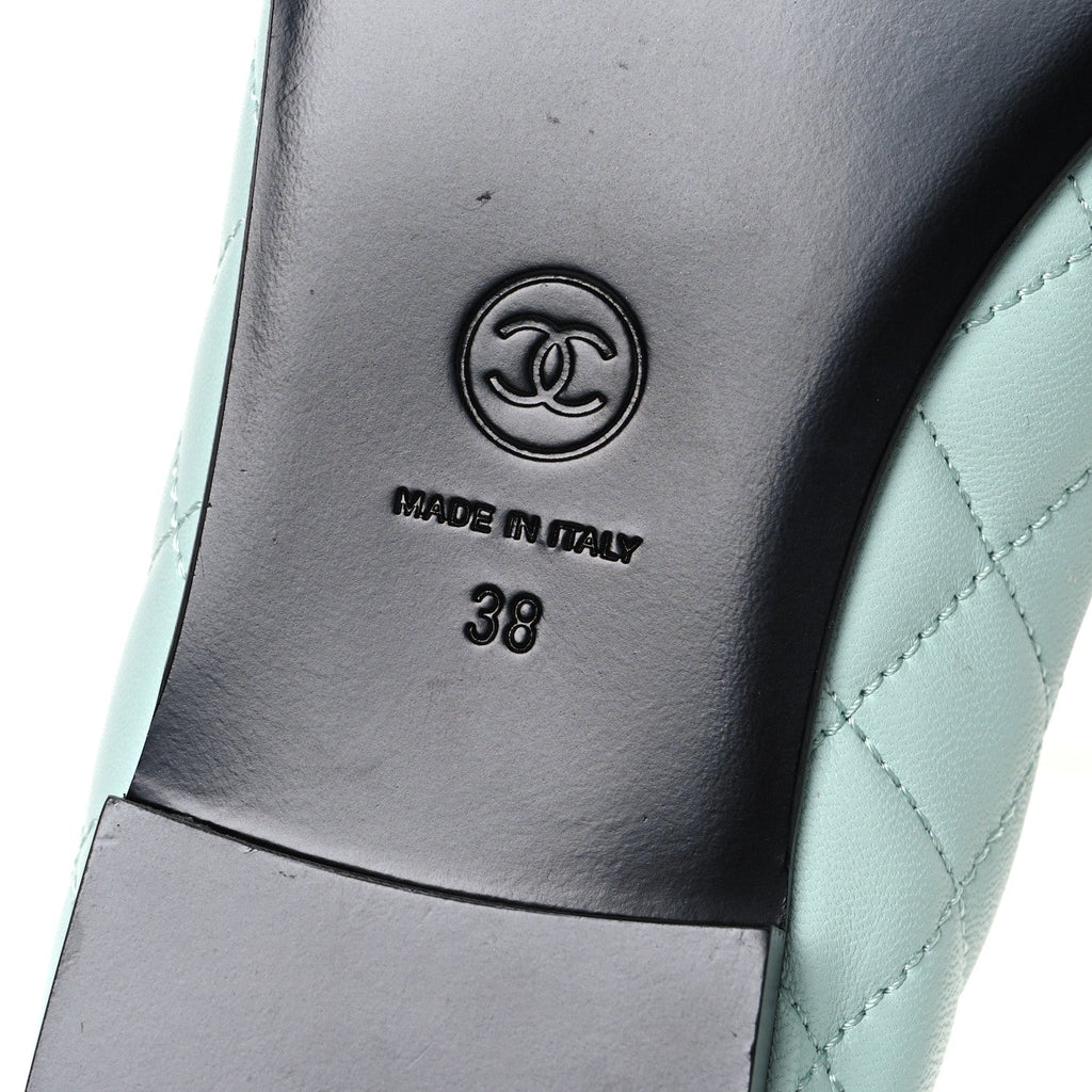 Lambskin Quilted CC Cap Toe Ballerina Flats 38 Light Blue Black