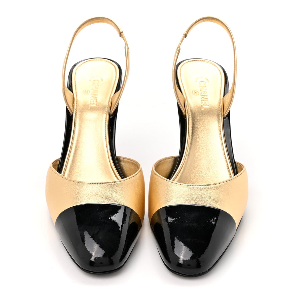 Lambskin Patent Cap Toe CC Apple Slingback Pumps 41 Gold Black