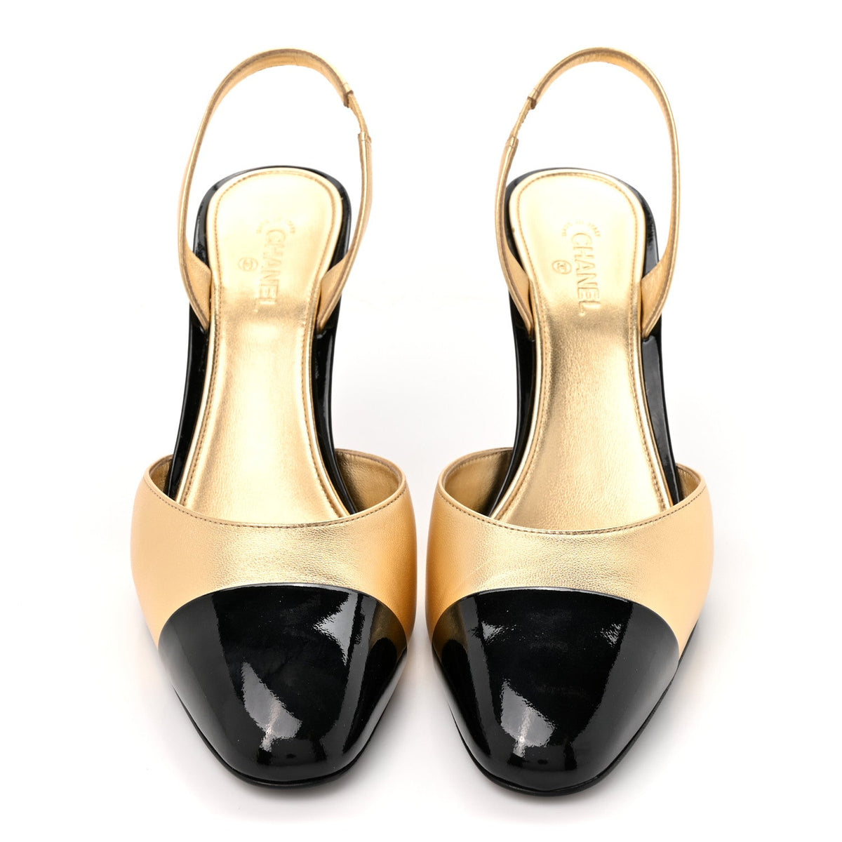 Lambskin Patent Cap Toe CC Apple Slingback Pumps 41 Gold Black