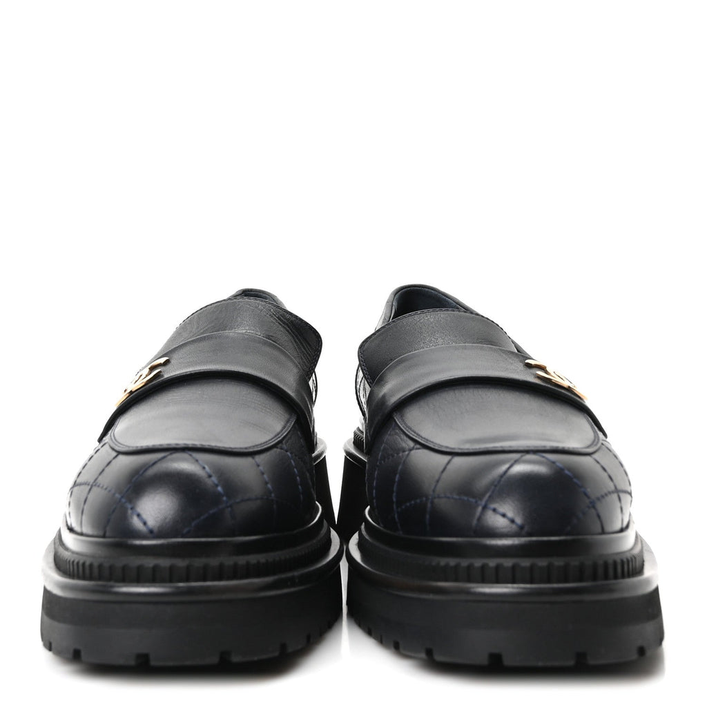 Calfskin Quilted CC Mocassin Loafers 40 Navy Blue