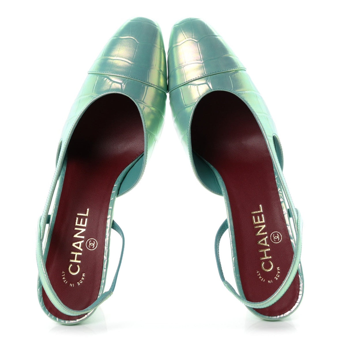 Iridecent Calfskin Crocodile Embossed CC Cap Toe CC Slingback Pumps 41 Green
