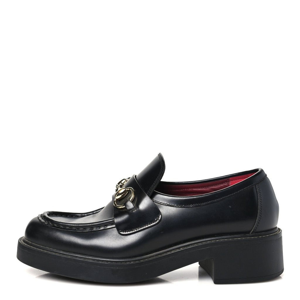 Calfskin Horsebit Womens Lug Sole Loafers 37 Black