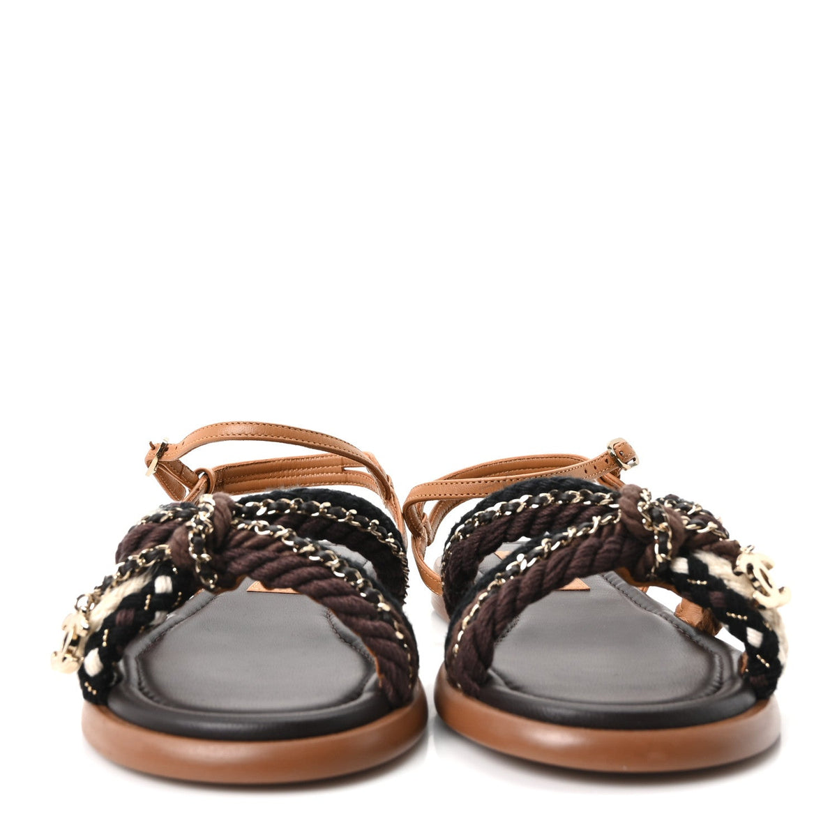 Lambskin Cord Chain CC Sandals 37 Brown Black Ivory