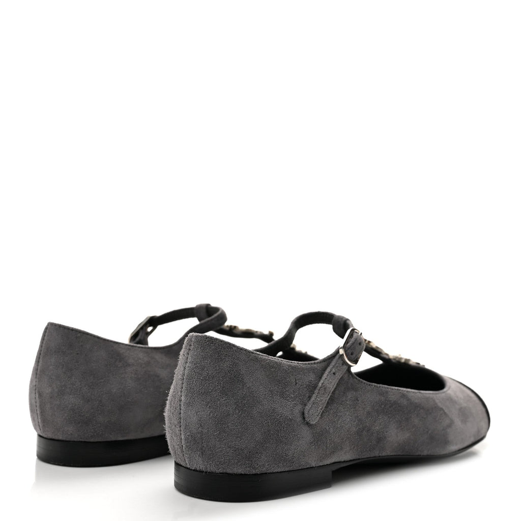 Suede Grosgrain Crystal Pearl Crystal Cap Toe T Strap CC Mary Jane Flats  37.5 Grey Black