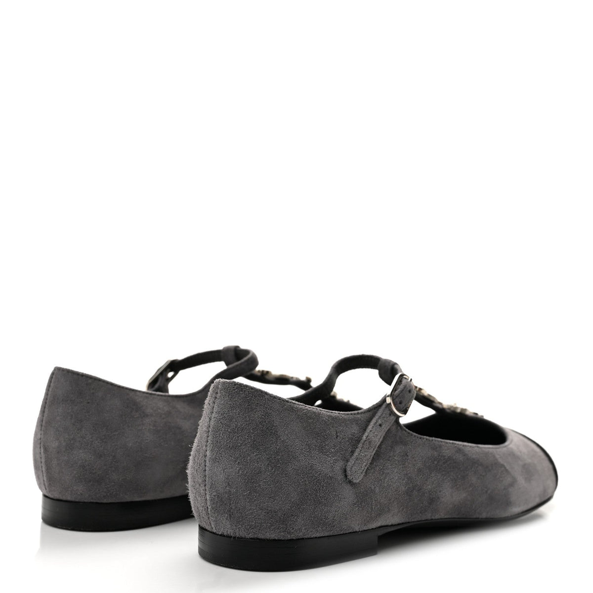 Suede Grosgrain Crystal Pearl Crystal Cap Toe T Strap CC Mary Jane Flats  37.5 Grey Black