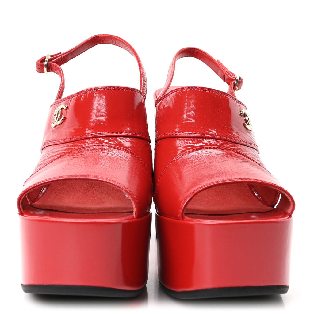 Crumpled Patent Lambskin Platform Sandals 39.5 Red
