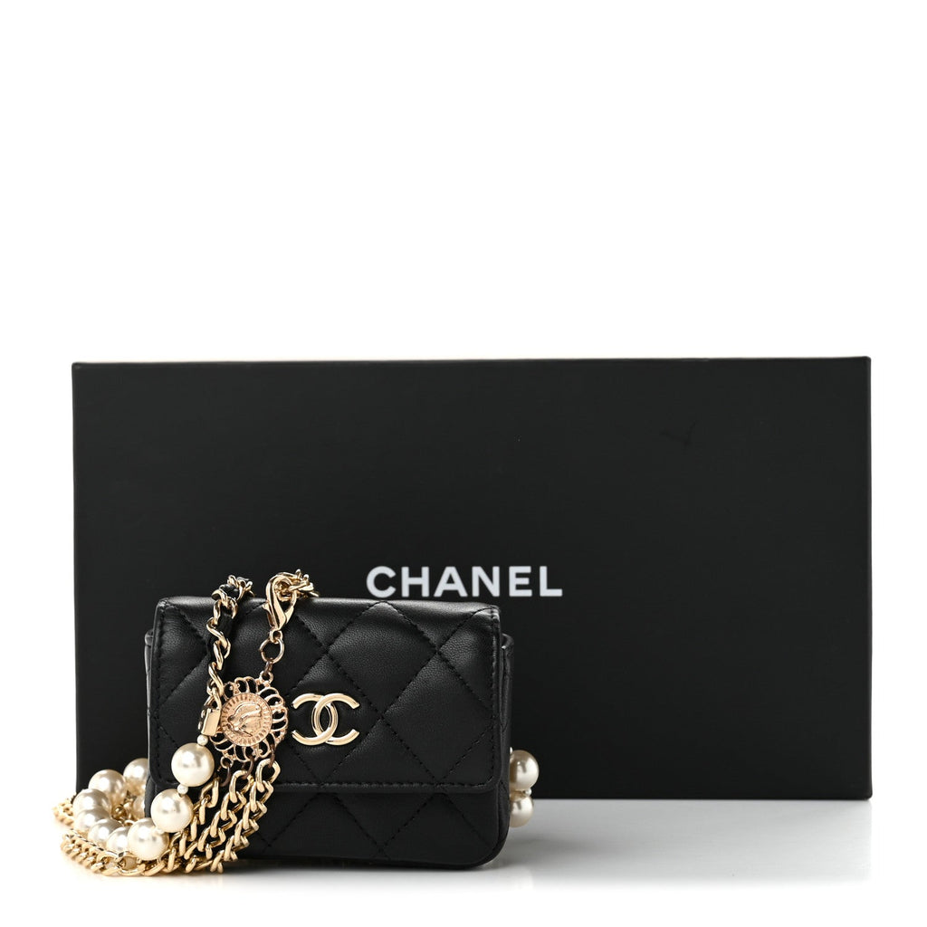 Lambskin Quilted Pearl Chain Belt Bag Black