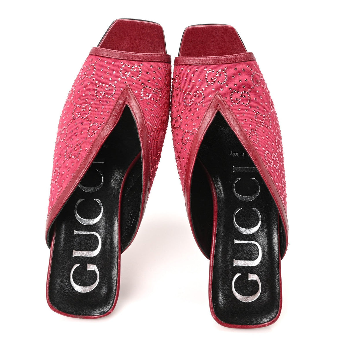 Moire Fabric Malaga Kid Crystal GG Monogram Square G 95mm Slide Sandals 35 Dark Cherry Red