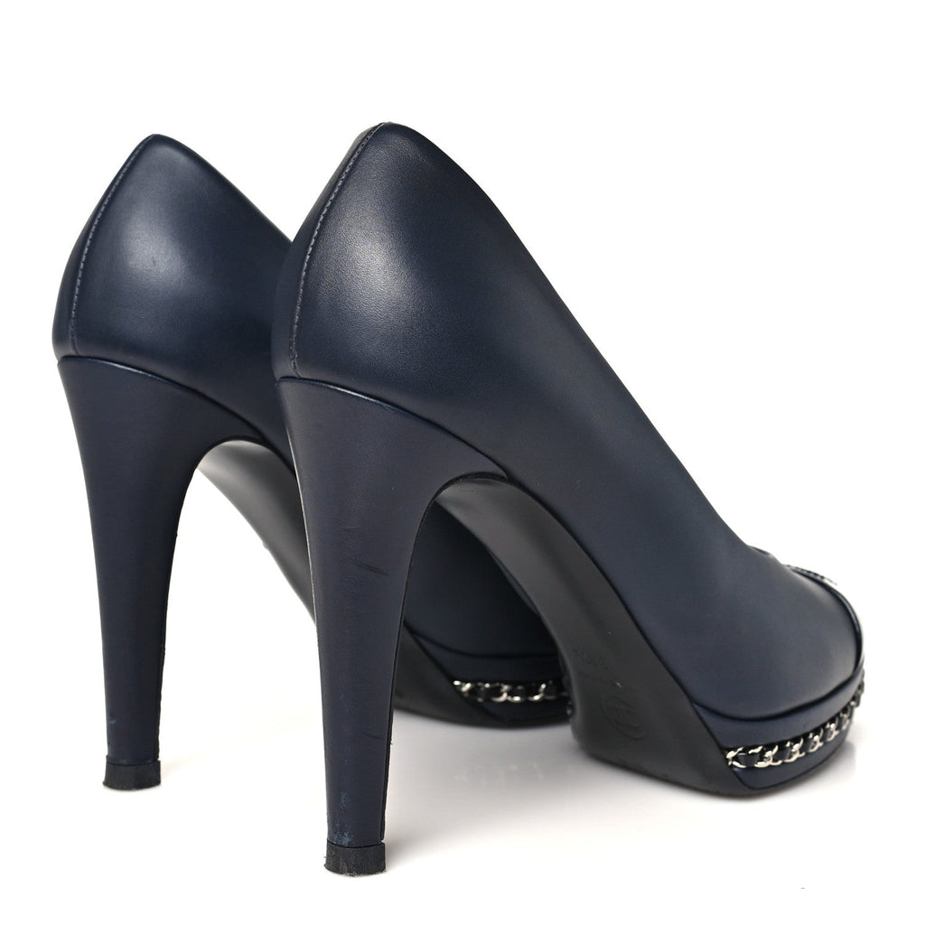 Calfskin Patent CC Cap Toe Platform Chain Pumps 38.5 Navy Black
