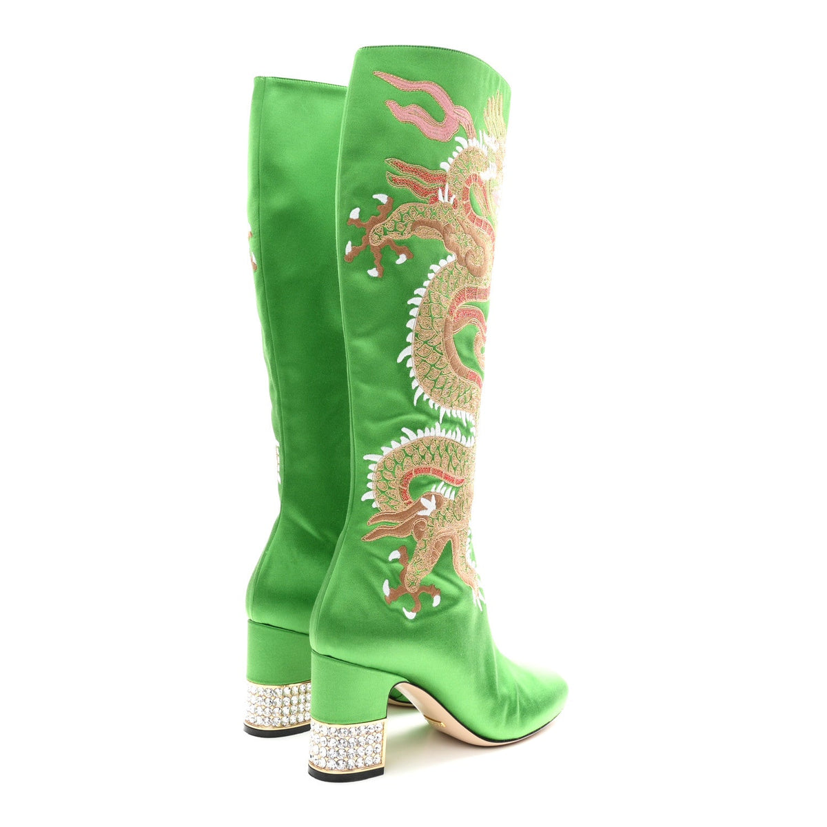 Silk Satin Malaga Kid Embroidered Candy Dragon Block-Heel Knee Boot 39 Palm