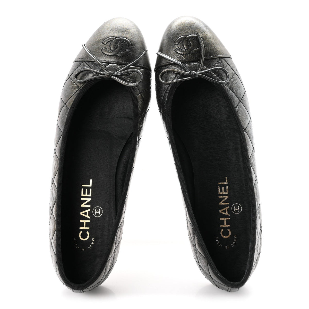Metallic Aged Calfskin Quilted CC Cap Toe Ballerina Flats 38.5 Dark Silver