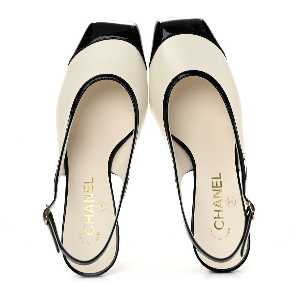 Lambskin Patent Calfskin Cap Toe CC Slingback Pumps 38.5 White Black