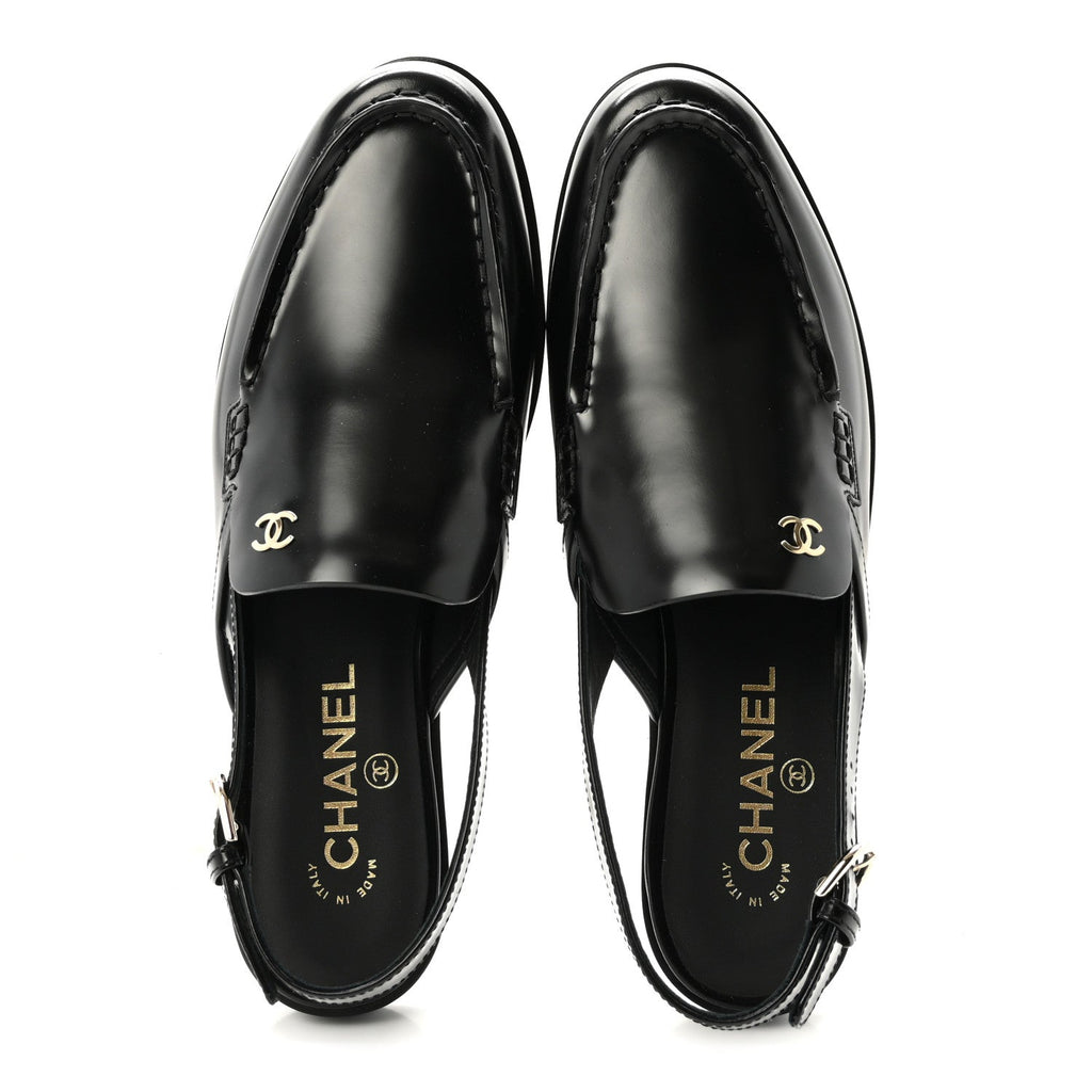 Shiny Calfskin Slingback Loafers 40.5 Black