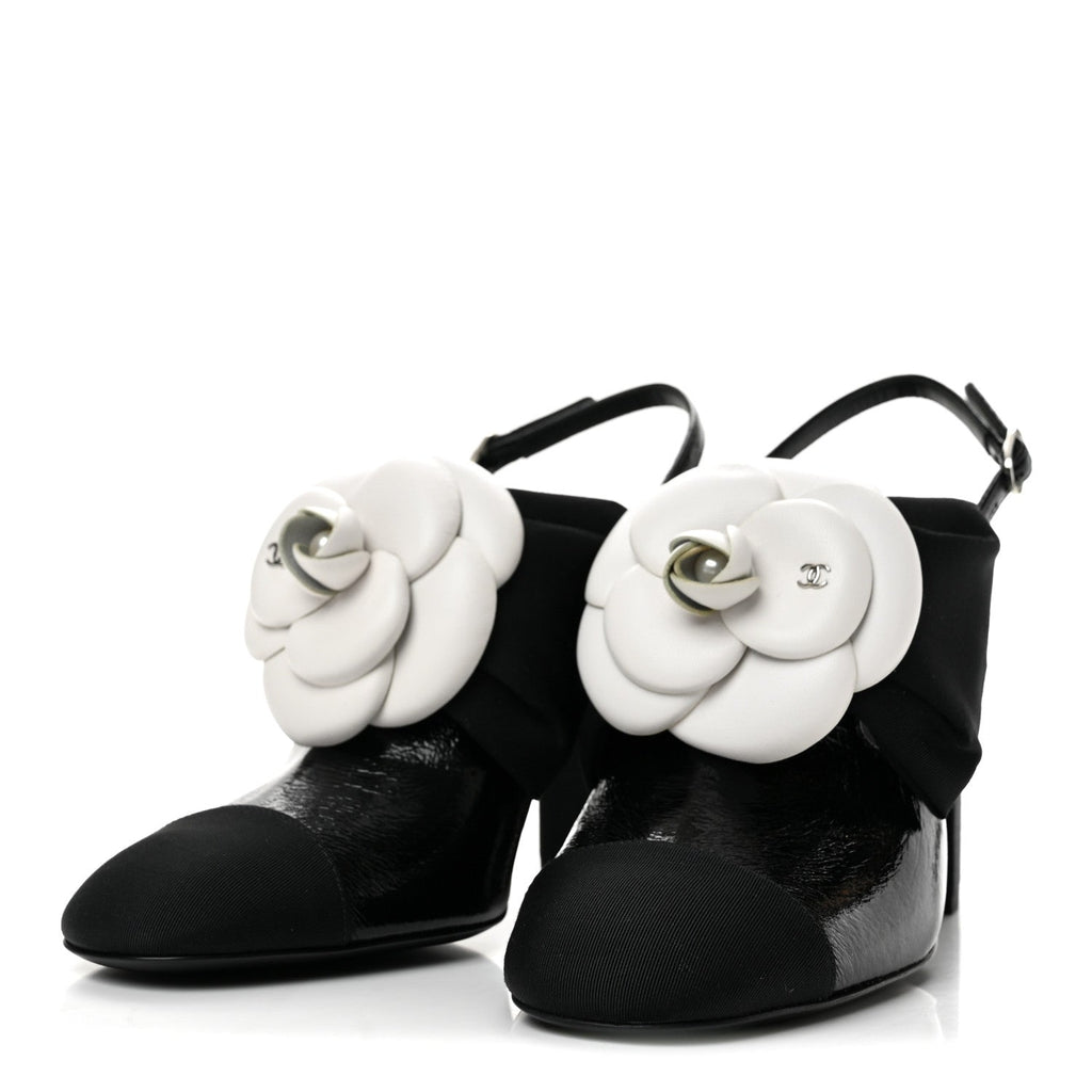 Crumpled Shiny Fabric Grosgrain Cap Toe Camellia Bow Slingback Pumps 37.5 Black