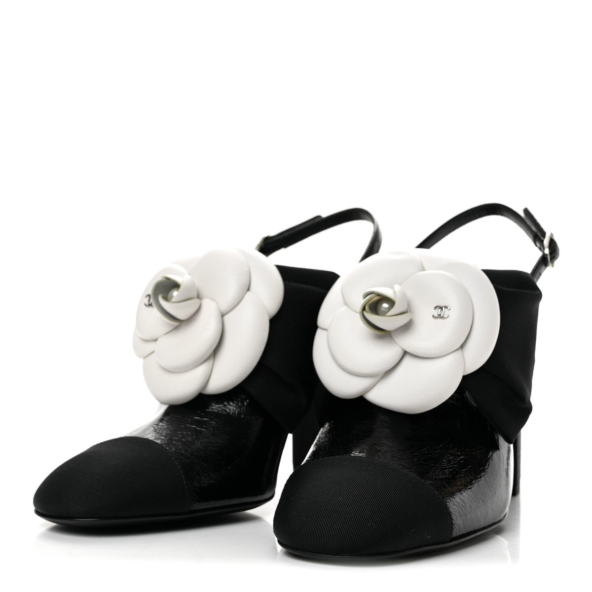 Crumpled Shiny Fabric Grosgrain Cap Toe Camellia Bow Slingback Pumps 37.5 Black