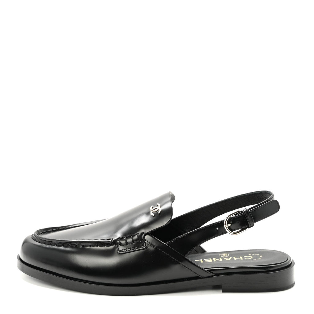 Shiny Calfskin Slingback Loafers 40.5 Black