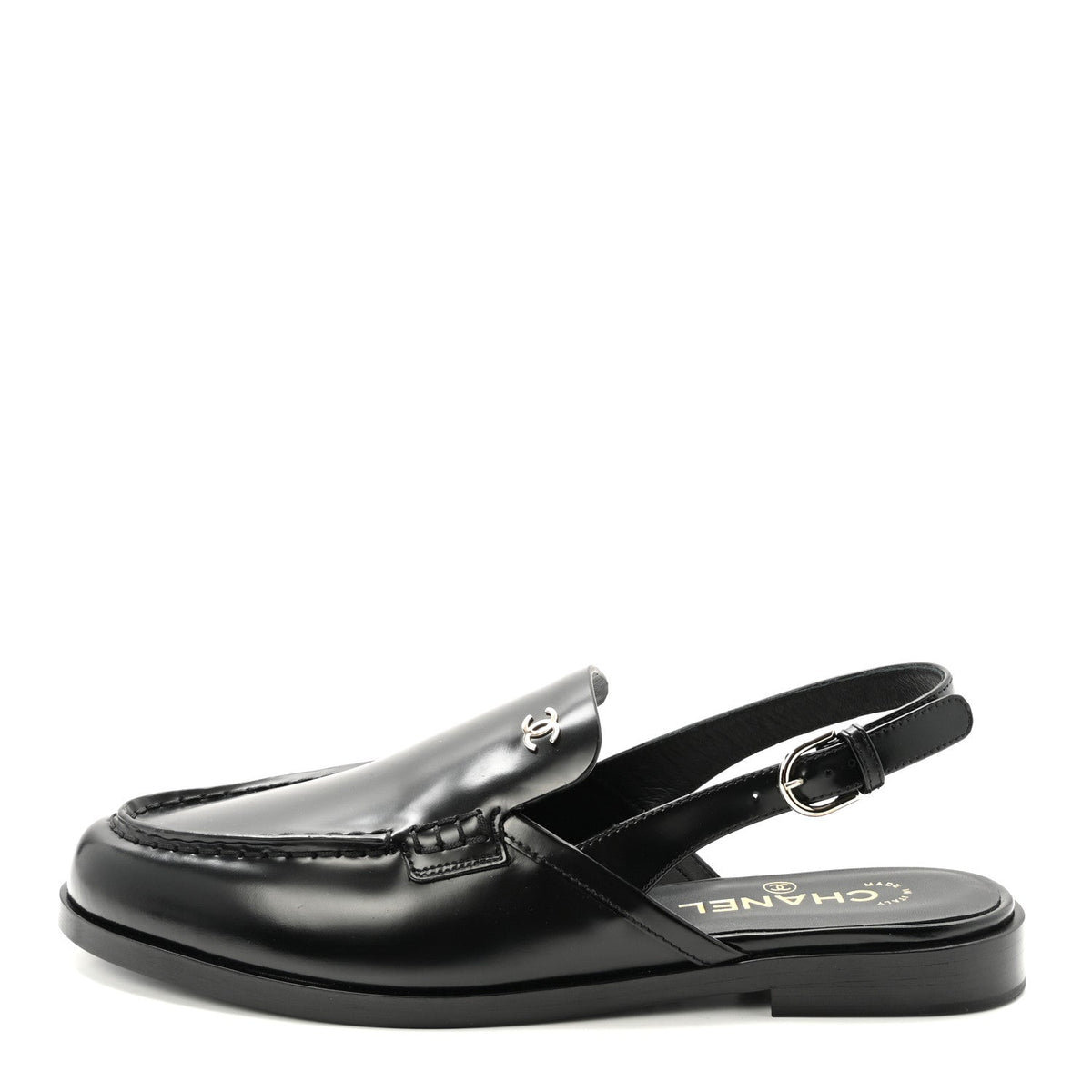 Shiny Calfskin Slingback Loafers 40.5 Black