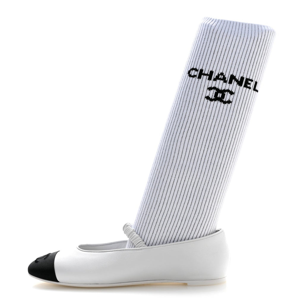 Lambskin Knit Grosgrain Cap Toe CC Ballerina Flats With Leg Warmers 38.5 White Black