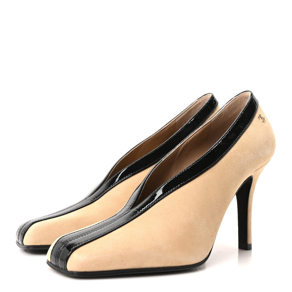 Suede Patent Calfskin Pumps 36.5 Beige Black