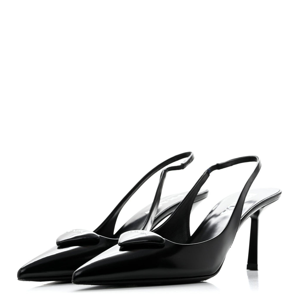Spazzolato Triangle Logo Pointed Toe 75mm Slingback Pumps 37 Black