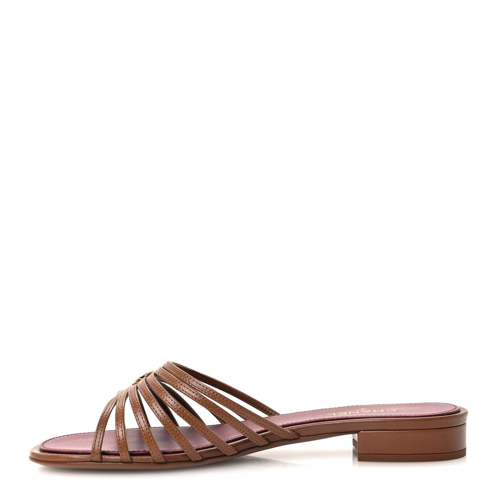 Goatskin Caged CC Slide Sandals 37.5 Light Brown