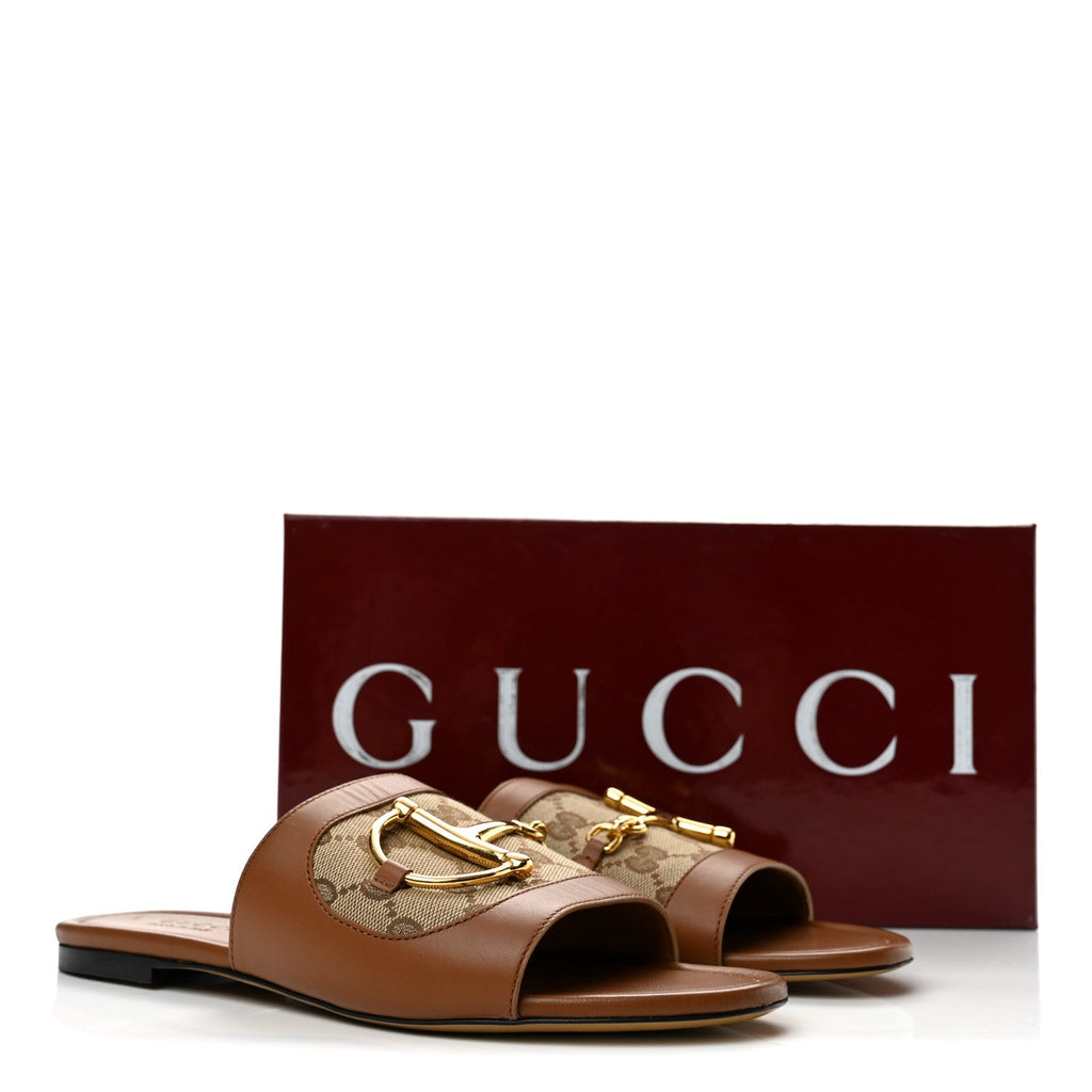 Calfskin Monogram Horsebit Womens Slide Sandals 38.5 Beige Ebony Sundial