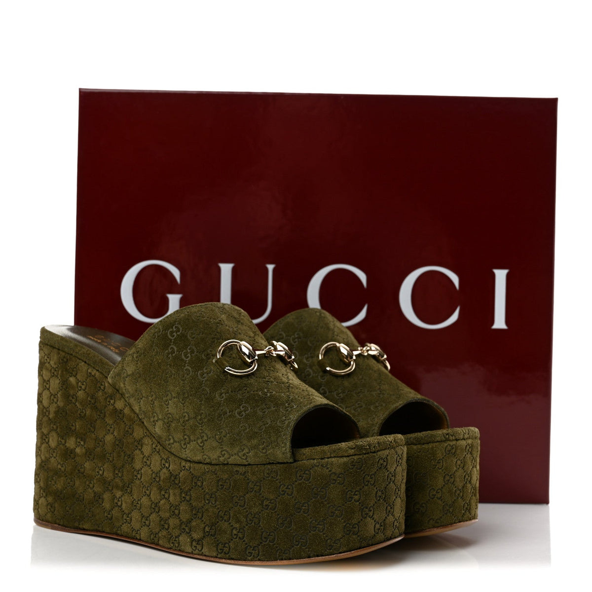 Suede GG Debossed Horsebit Wedge Sandals 39.5 Forest Green