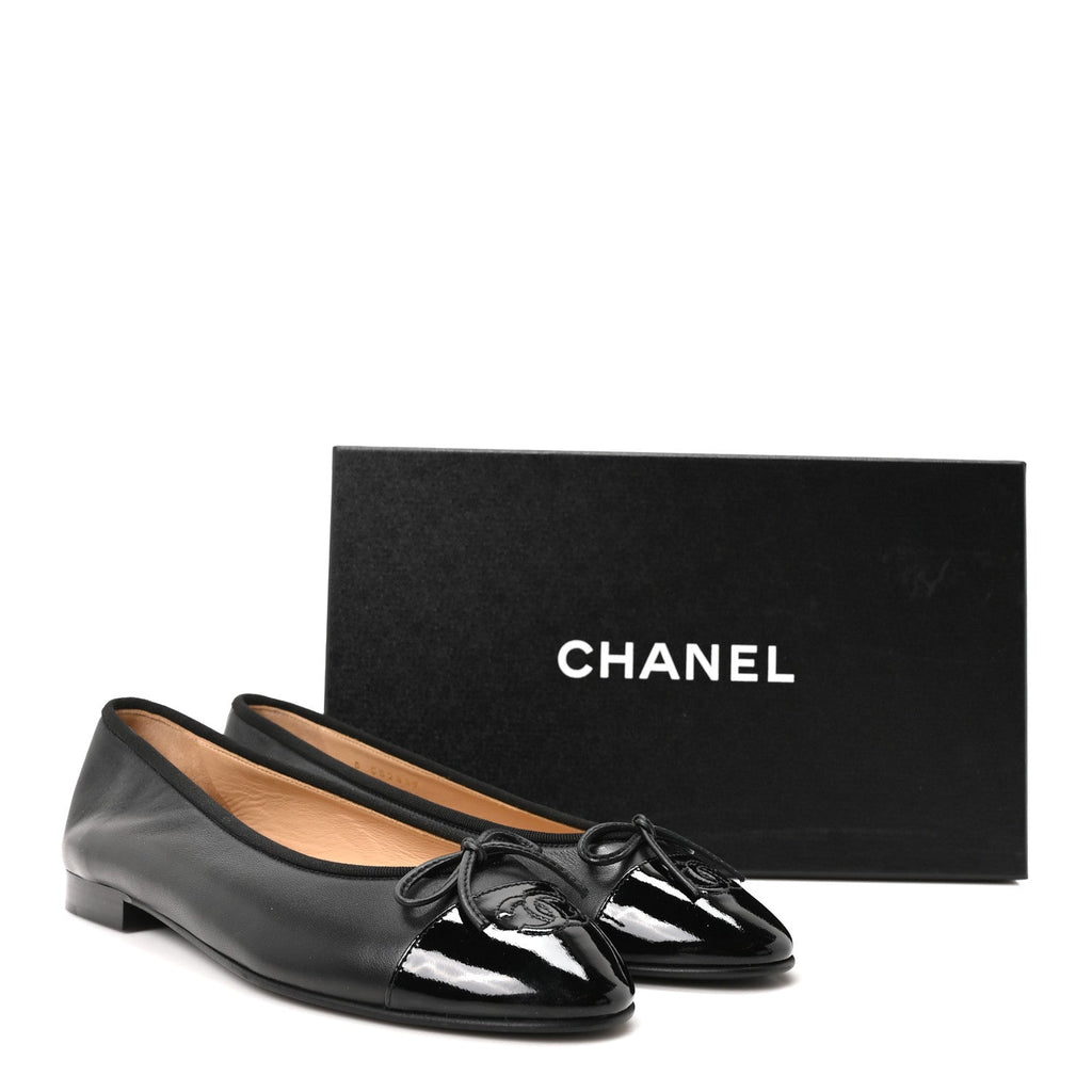 Lambskin Patent Cap Toe Ballerina Flats 39.5 Black