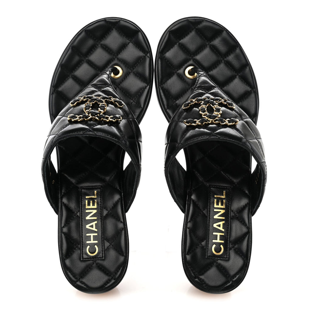 Shiny Goatskin Cork CC Wedge Sandals 39 Black