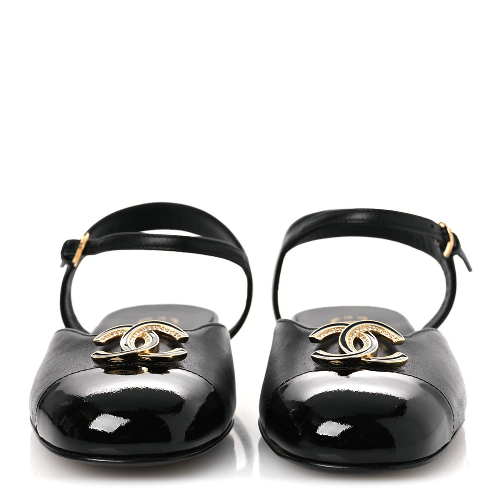 Lambskin Patent Cap Toe Crystal Enamel CC Mary Jane Slingback Flats 36 Black